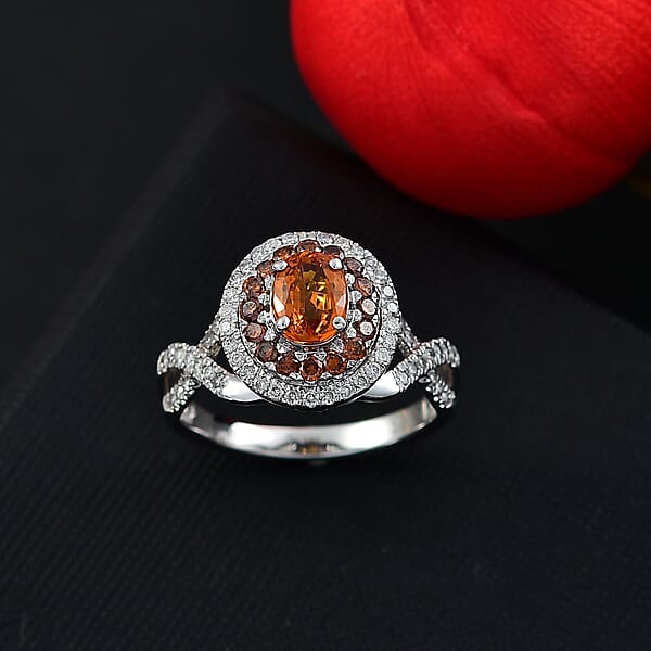 Certified & Appraised Luxoro AAA Orange Sapphire Red And I2 White Diamond 2.33 Ctw Ring In 14K White Gold 4.80 Grams