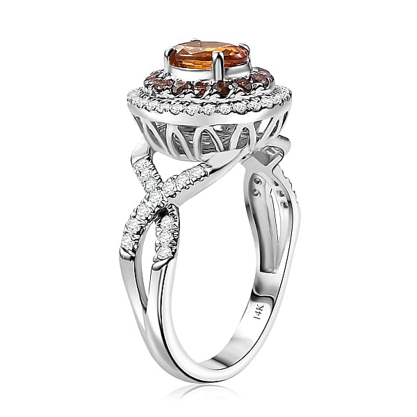 Certified & Appraised Luxoro AAA Orange Sapphire Red And I2 White Diamond 2.33 Ctw Ring In 14K White Gold 4.80 Grams