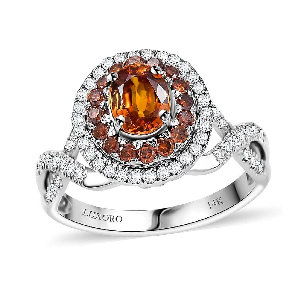 Certified & Appraised Luxoro AAA Orange Sapphire Red and I2 White Diamond 2.33 ctw Ring in 14K White Gold 4.80 Grams