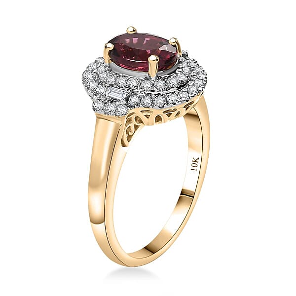 Certified & Appraised Luxoro AAA Ouro Fino Rubellite And G-H I2 Diamond 1.74 Ctw Double Halo Ring In 10K Yellow Gold