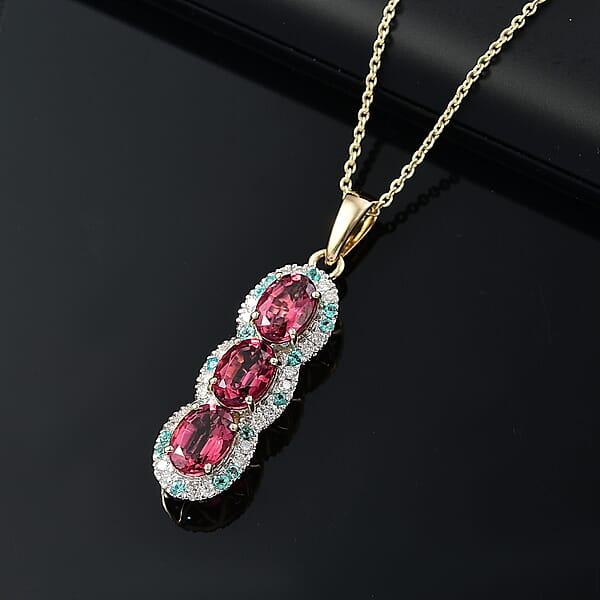 Certified & Appraised Luxoro AAA Ouro Fino Rubellite Paraiba Tourmaline And G-H I2 Diamond 3.05 Ctw Pendant Necklace In 10K Yellow Gold 20 Inches