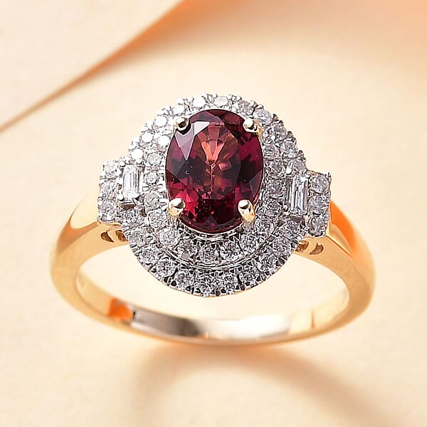 Certified & Appraised Luxoro AAA Ouro Fino Rubellite And G-H I2 Diamond 1.74 Ctw Double Halo Ring In 10K Yellow Gold