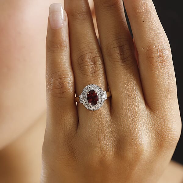 Certified & Appraised Luxoro AAA Ouro Fino Rubellite And G-H I2 Diamond 1.74 Ctw Double Halo Ring In 10K Yellow Gold