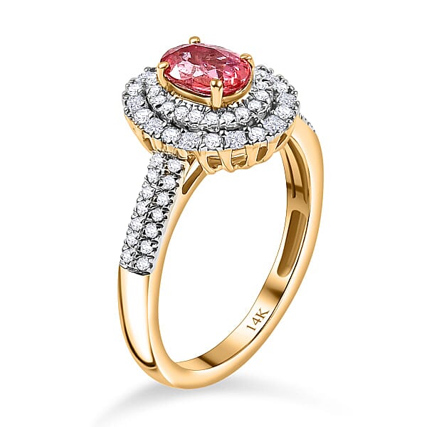 Certified & Appraised Luxoro AAA Padparadscha Sapphire (BT) 10.0) And I2 Diamond 1.33 Ctw Double Halo Ring In 14K Yellow Gold