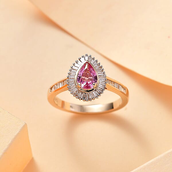 Certified & Appraised Luxoro AAA Padparadscha Sapphire And G-H I2 Diamond 1.32 Ctw Ring In 14K Yellow Gold