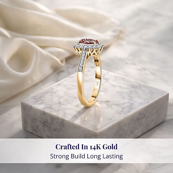 Certified & Appraised Luxoro AAA Padparadscha Sapphire (BT) 10.0) And I2 Diamond 1.56 Ctw Halo Ring In 14K Yellow Gold