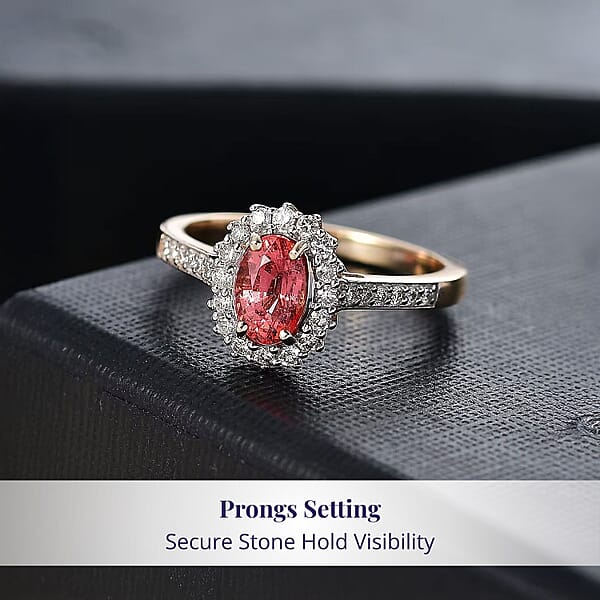 Certified & Appraised Luxoro AAA Padparadscha Sapphire (BT) 10.0) And I2 Diamond 1.56 Ctw Halo Ring In 14K Yellow Gold