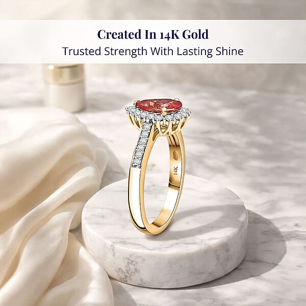 Certified & Appraised Luxoro AAA Padparadscha Sapphire (BT) 7.0) And I2 Diamond 1.85 Ctw Halo Ring In 14K Yellow Gold