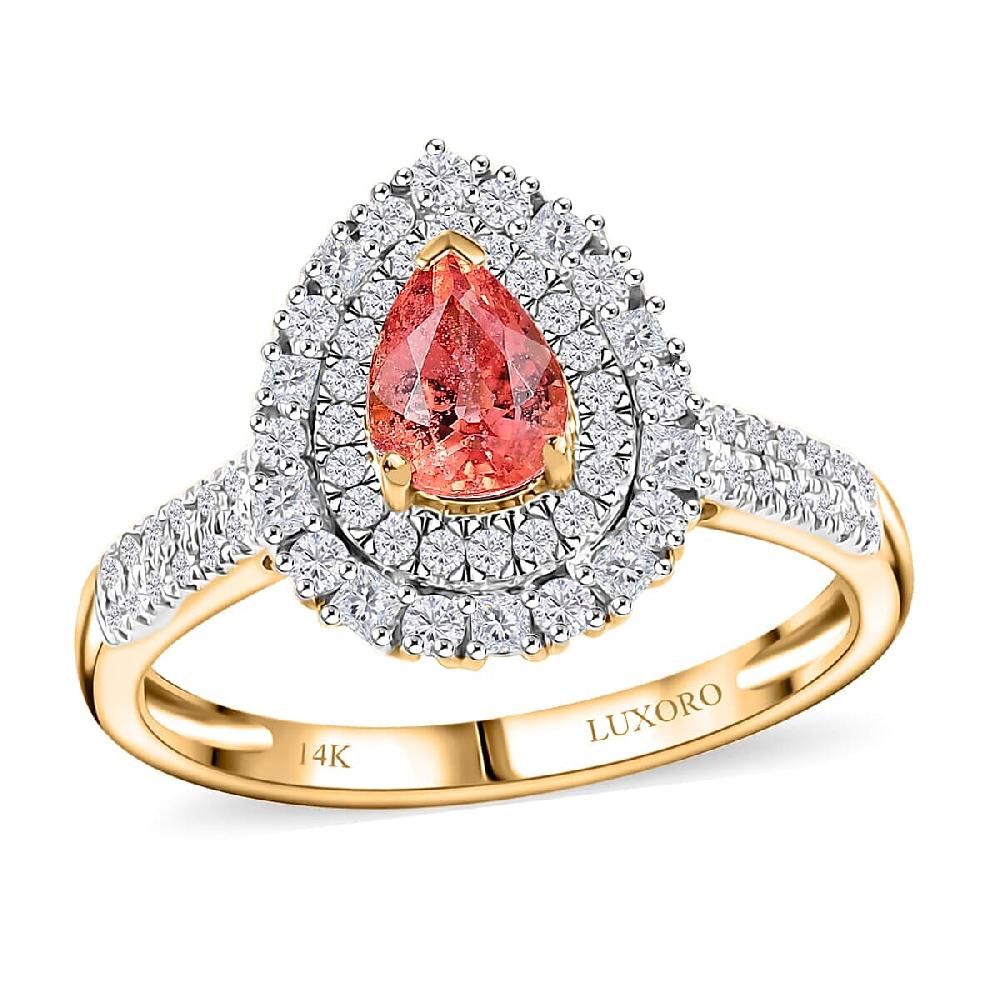 Certified & Appraised Luxoro AAA Padparadscha Sapphire (BT) 7.5) and I2 Diamond 1.41 ctw Double Halo Ring in 14K Yellow Gold