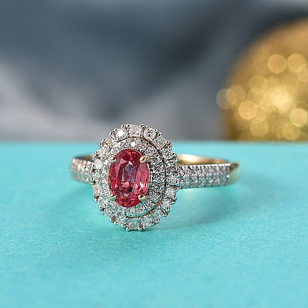 Certified & Appraised Luxoro AAA Padparadscha Sapphire (BT) 8.0) And I2 Diamond 1.33 Ctw Double Halo Ring In 14K Yellow Gold