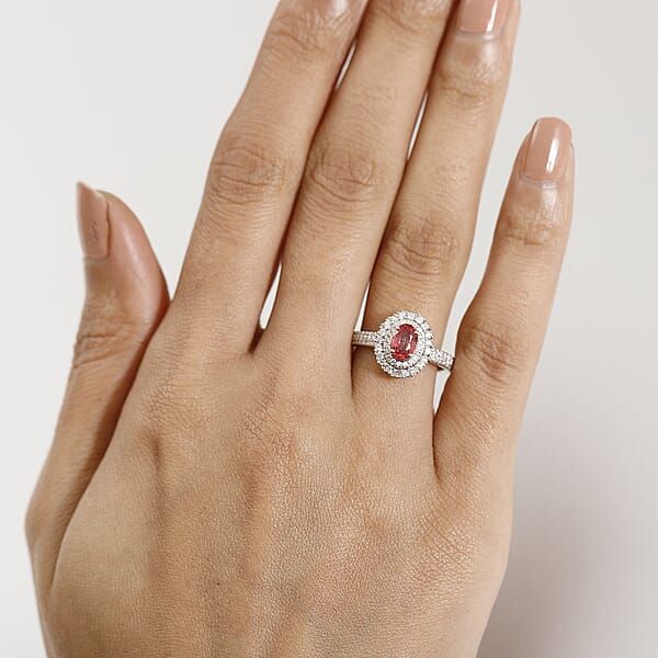 Certified & Appraised Luxoro AAA Padparadscha Sapphire (BT) 8.0) And I2 Diamond 1.33 Ctw Double Halo Ring In 14K Yellow Gold