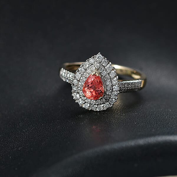 Certified & Appraised Luxoro AAA Padparadscha Sapphire (BT) 8.5) And I2 Diamond 1.41 Ctw Double Halo Ring In 14K Yellow Gold