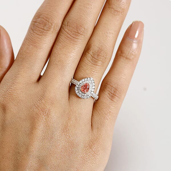 Certified & Appraised Luxoro AAA Padparadscha Sapphire (BT) 9.0) And I2 Diamond 1.41 Ctw Double Halo Ring In 14K Yellow Gold