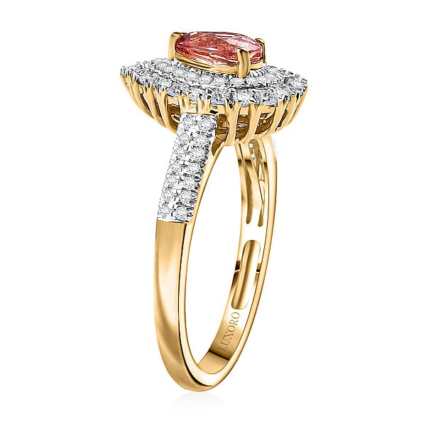 Certified & Appraised Luxoro AAA Padparadscha Sapphire (BT) 6.0) And I2 Diamond 1.41 Ctw Double Halo Ring In 14K Yellow Gold