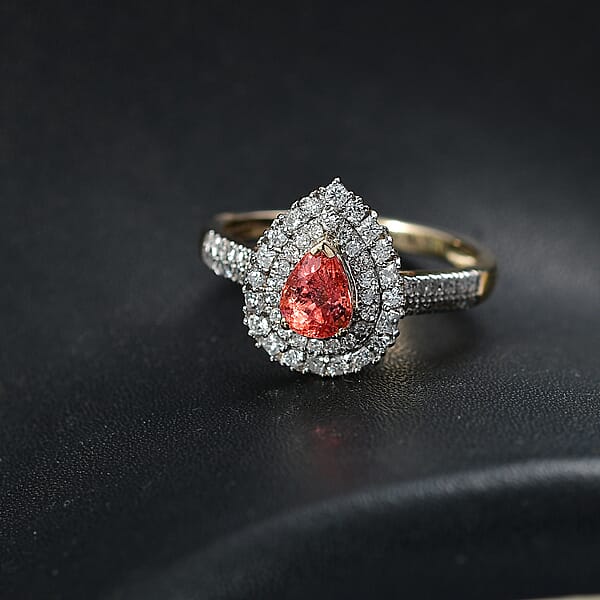Certified & Appraised Luxoro AAA Padparadscha Sapphire (BT) 8.0) And I2 Diamond 1.41 Ctw Double Halo Ring In 14K Yellow Gold