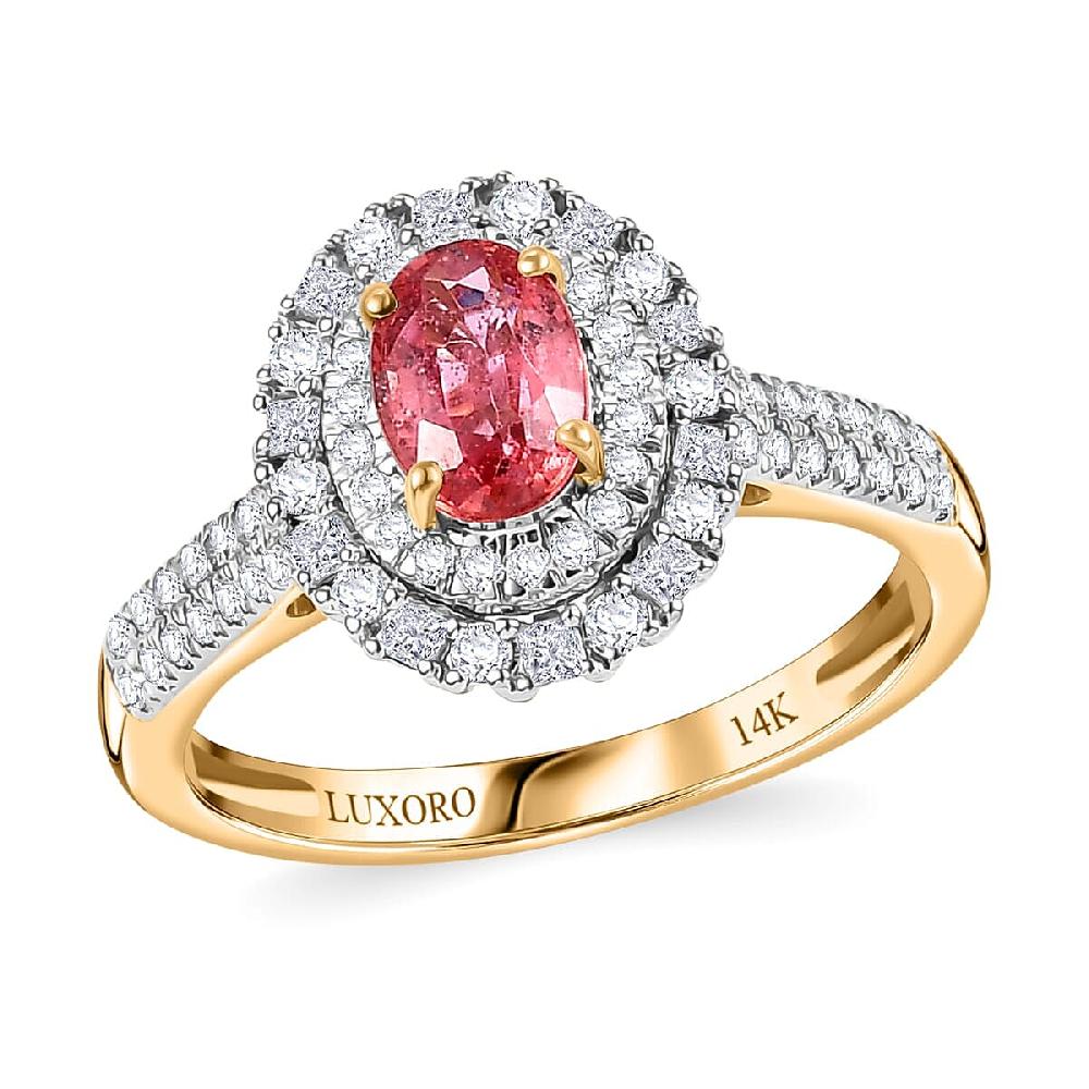 Certified & Appraised Luxoro AAA Padparadscha Sapphire (BT) 10.0) And I2 Diamond 1.33 Ctw Double Halo Ring In 14K Yellow Gold
