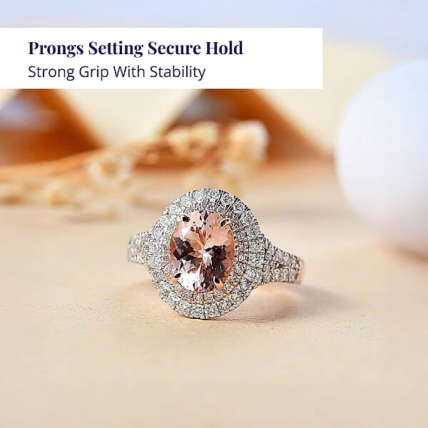 Certified & Appraised Luxoro AAA Palmeiras Pink Morganite And G-H I2 Diamond 2.50 Ctw Double Halo Ring In 14K Rose Gold 4.41 Grams