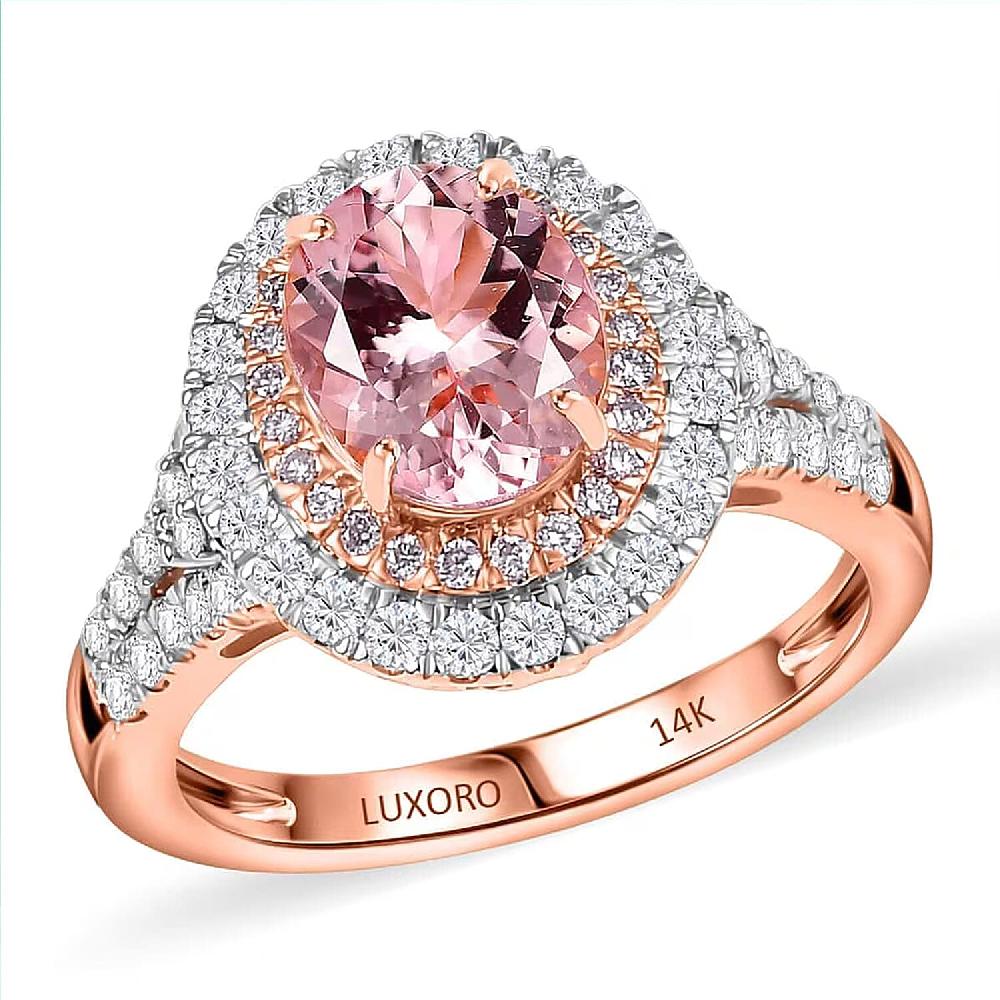 Certified & Appraised Luxoro AAA Palmeiras Pink Morganite and G-H I2 Diamond 2.50 ctw Double Halo Ring in 14K Rose Gold 4.41 Grams