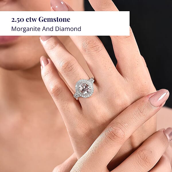 Certified & Appraised Luxoro AAA Palmeiras Pink Morganite And G-H I2 Diamond 2.50 Ctw Double Halo Ring In 14K Rose Gold 4.41 Grams