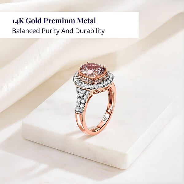Certified & Appraised Luxoro AAA Palmeiras Pink Morganite And G-H I2 Diamond 2.50 Ctw Double Halo Ring In 14K Rose Gold 4.41 Grams