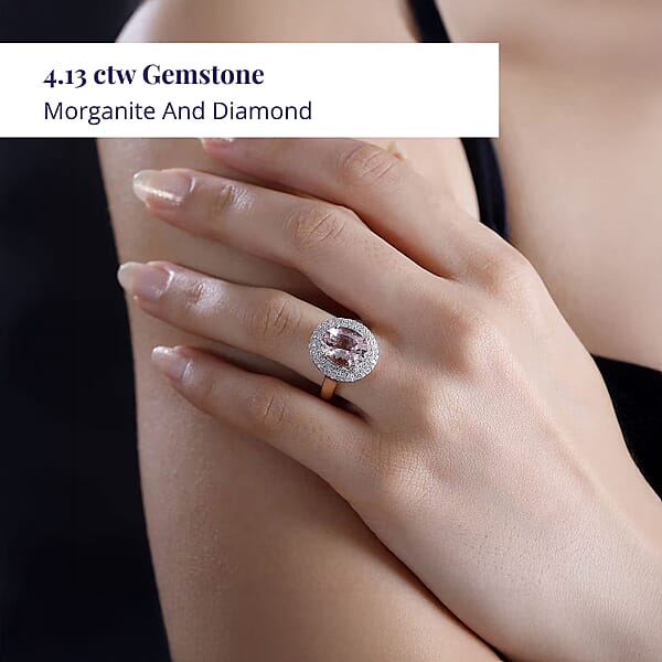 Certified & Appraised Luxoro AAA Pink Morganite And G-H I2 Diamond 4.13 Ctw Double Halo Ring In 14K Rose Gold 4.85 Grams