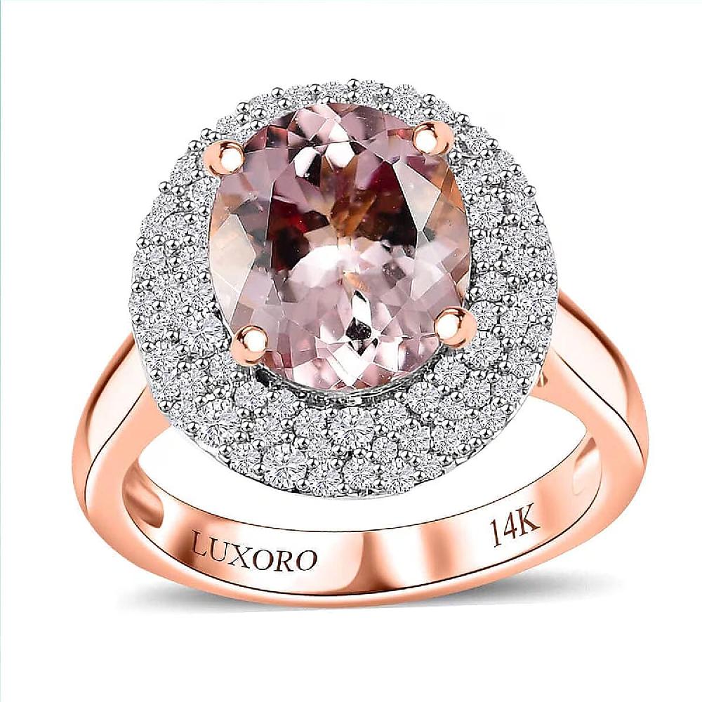 Certified & Appraised Luxoro AAA Pink Morganite and G-H I2 Diamond 4.13 ctw Double Halo Ring in 14K Rose Gold 4.85 Grams