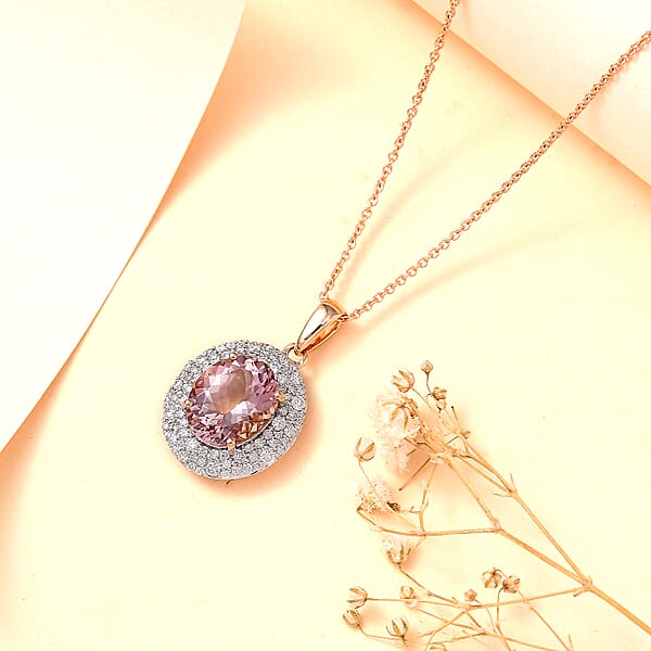 Certified & Appraised Luxoro AAA Pink Morganite And G-H I2 Diamond 4.13 Ctw Double Halo Pendant Necklace In 14K Rose Gold 18 Inches