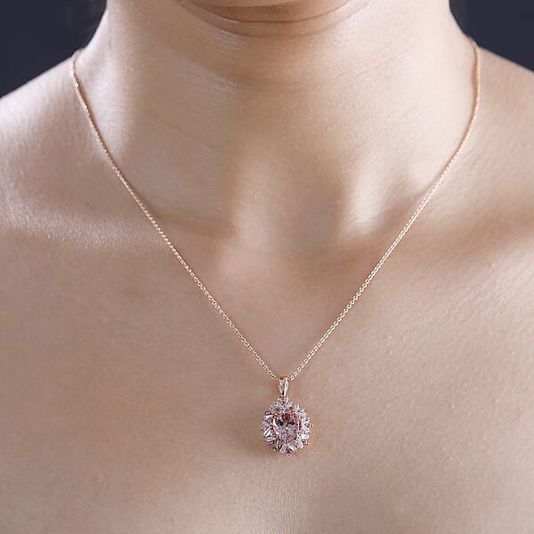 Certified & Appraised Luxoro AAA Pink Morganite And G-H I2 Diamond 4.13 Ctw Double Halo Pendant Necklace In 14K Rose Gold 18 Inches