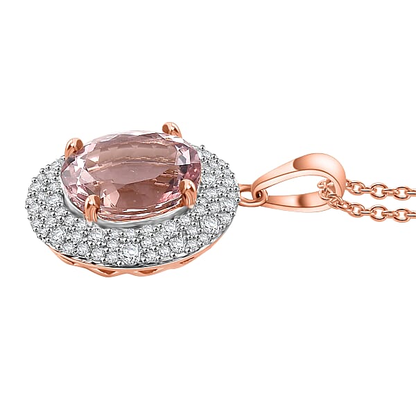 Certified & Appraised Luxoro AAA Pink Morganite And G-H I2 Diamond 4.13 Ctw Double Halo Pendant Necklace In 14K Rose Gold 18 Inches