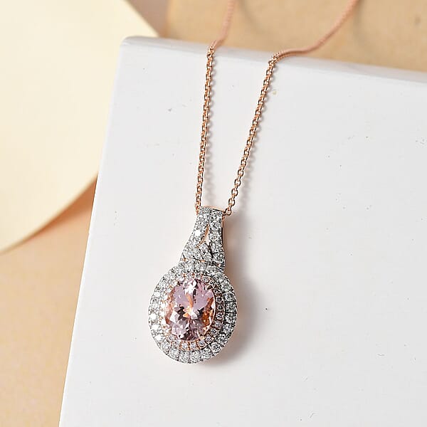 Certified & Appraised Luxoro AAA Pink Morganite And G-H I2 Diamond 2.35 Ctw Double Halo Pendant Necklace 20 Inches In 14K Rose Gold