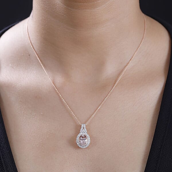 Certified & Appraised Luxoro AAA Pink Morganite And G-H I2 Diamond 2.35 Ctw Double Halo Pendant Necklace 20 Inches In 14K Rose Gold