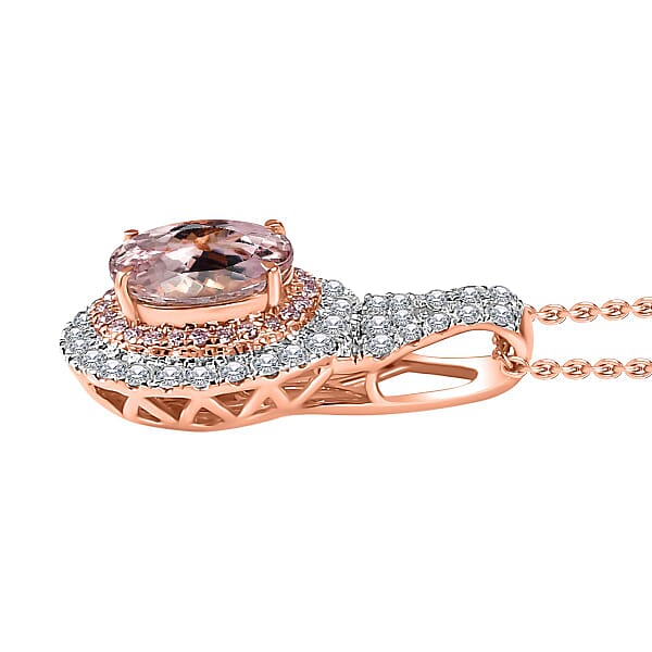 Certified & Appraised Luxoro AAA Pink Morganite And G-H I2 Diamond 2.35 Ctw Double Halo Pendant Necklace 20 Inches In 14K Rose Gold