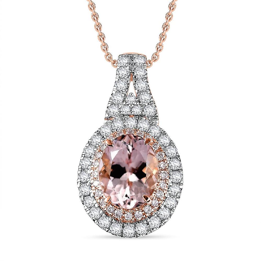 Certified & Appraised Luxoro AAA Pink Morganite and G-H I2 Diamond 2.35 ctw Double Halo Pendant Necklace 20 Inches in 14K Rose Gold