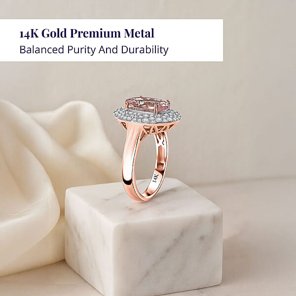 Certified & Appraised Luxoro AAA Pink Morganite And G-H I2 Diamond 4.13 Ctw Double Halo Ring In 14K Rose Gold 4.85 Grams