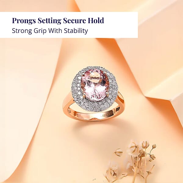 Certified & Appraised Luxoro AAA Pink Morganite And G-H I2 Diamond 4.13 Ctw Double Halo Ring In 14K Rose Gold 4.85 Grams