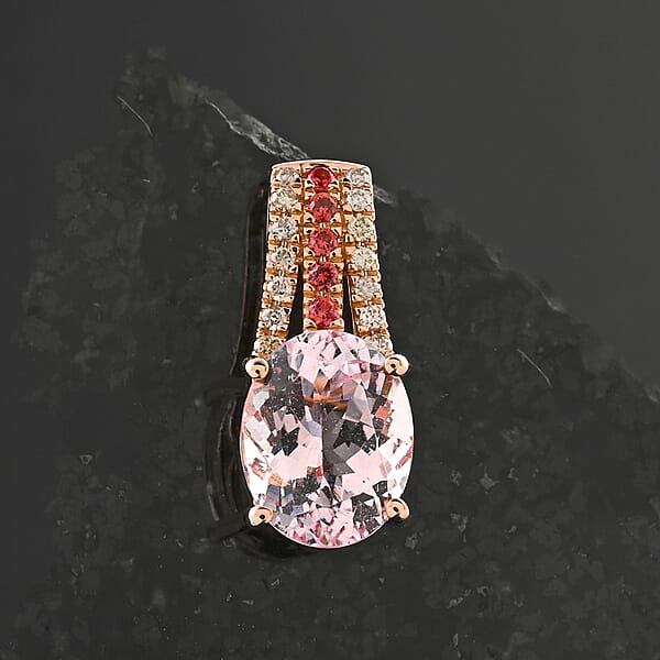 Certified & Appraised Luxoro AAA Pink Morganite Padparadscha Sapphire And G-H I2 Diamond Pendant Without Chain In 10K Rose Gold 2.75 Ctw
