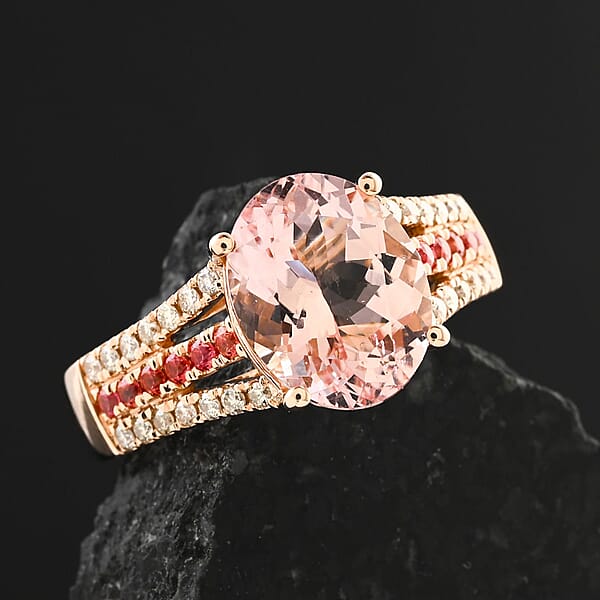 Certified & Appraised Luxoro AAA Pink Morganite Padparadscha Sapphire And G-H I2 Diamond 3.00 Ctw Ring In 10K Rose Gold 4.35 Grams