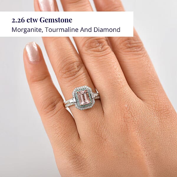 Certified & Appraised Luxoro AAA Pink Morganite Paraiba Tourmaline And G-H I2 Diamond 2.26 Ctw Ring In 14K Rose Gold