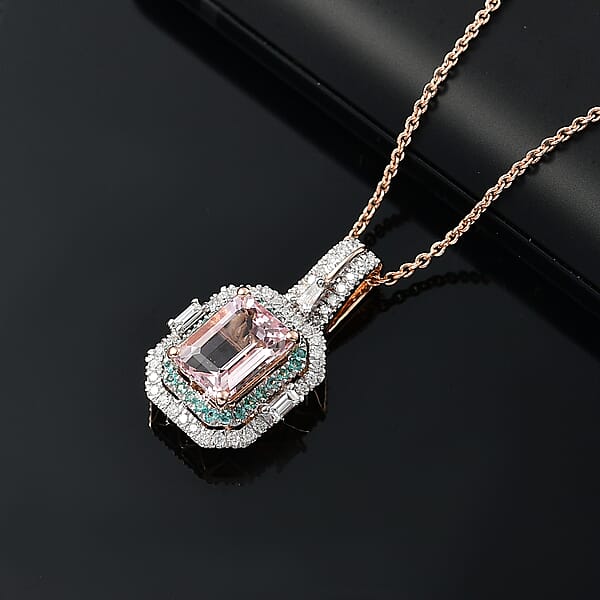 Certified & Appraised Luxoro AAA Pink Morganite Paraiba Tourmaline And Diamond G-H I2 2.15 Ctw Pendant Necklace In 14K Rose Gold 20 Inches (Del. In 10-12 Days)