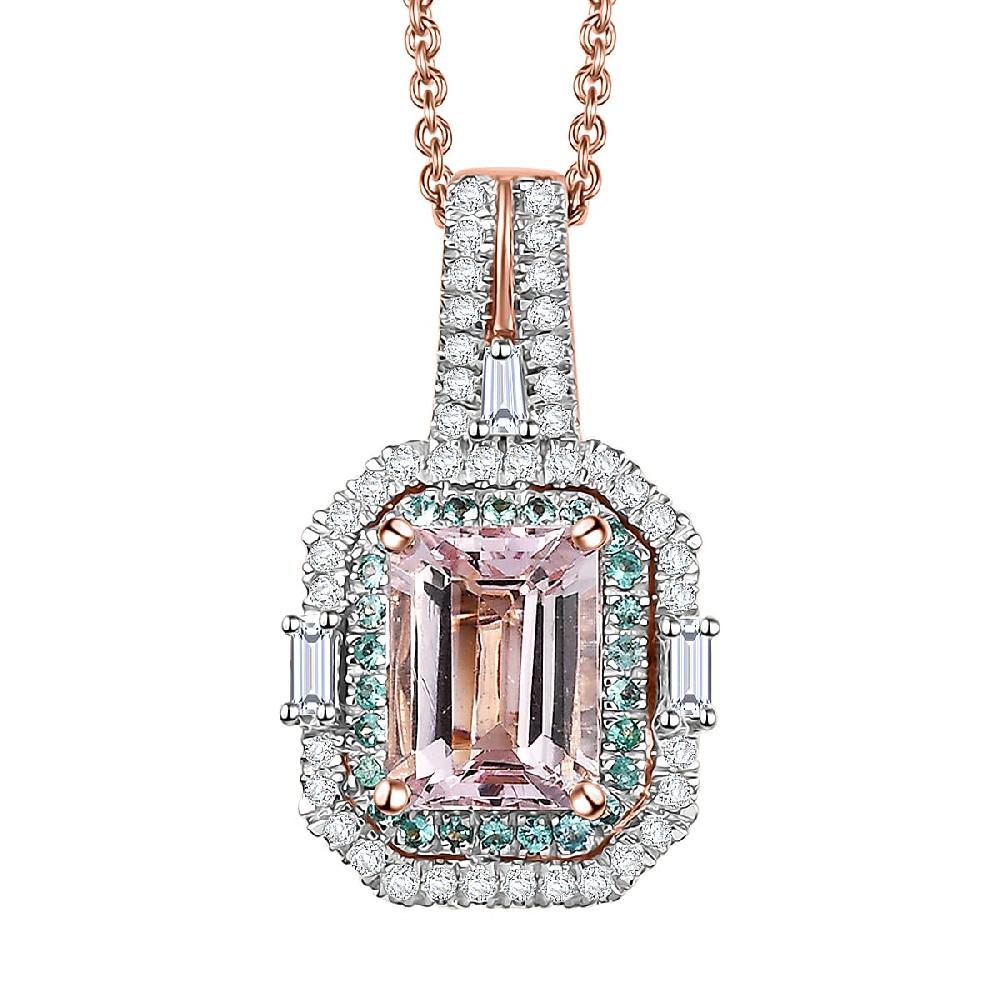 Certified & Appraised Luxoro AAA Pink Morganite Paraiba Tourmaline and Diamond G-H I2 2.15 ctw Pendant Necklace in 14K Rose Gold 20 Inches (Del. in 10-12 Days)