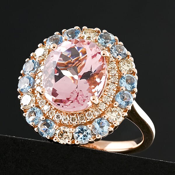 Certified & Appraised Luxoro AAA Pink Morganite Santa Maria Aquamarine I2 Diamond 4.85 Ctw Double Halo Ring In 10K Rose Gold