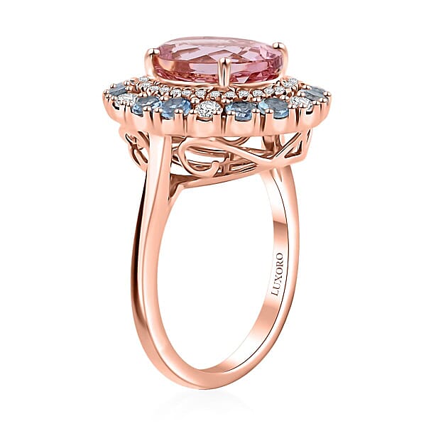 Certified & Appraised Luxoro AAA Pink Morganite Santa Maria Aquamarine I2 Diamond 4.85 Ctw Double Halo Ring In 10K Rose Gold