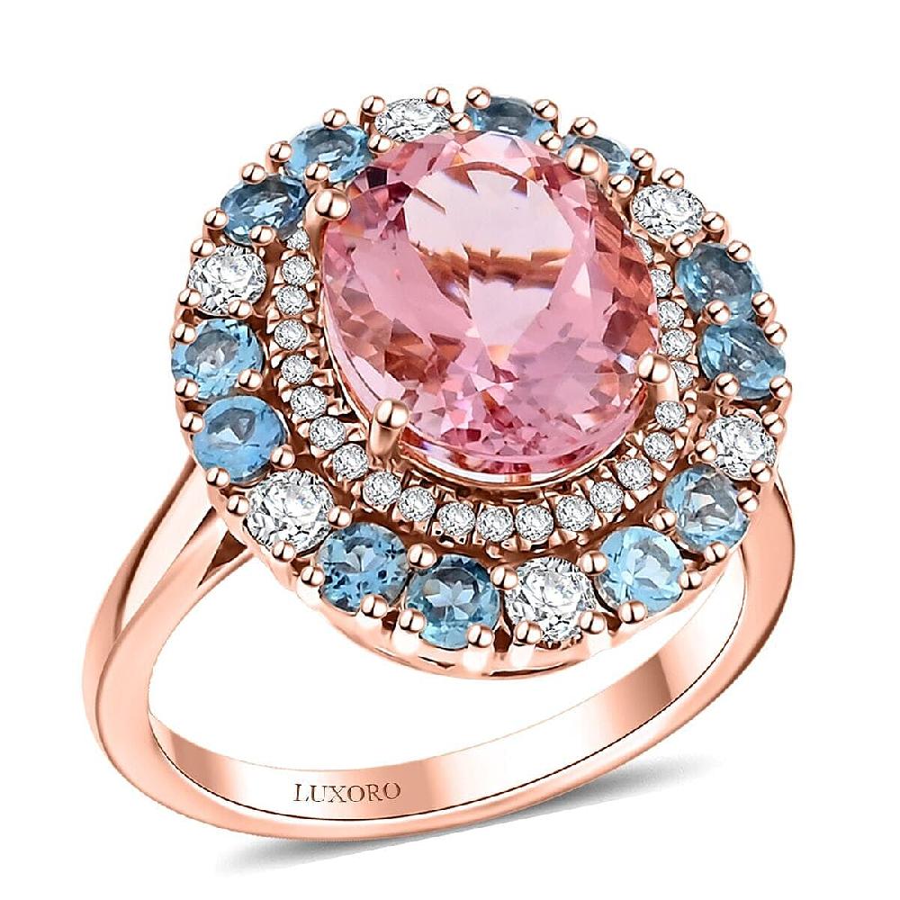 Certified & Appraised Luxoro AAA Pink Morganite Santa Maria Aquamarine I2 Diamond 4.85 ctw Double Halo Ring in 10K Rose Gold