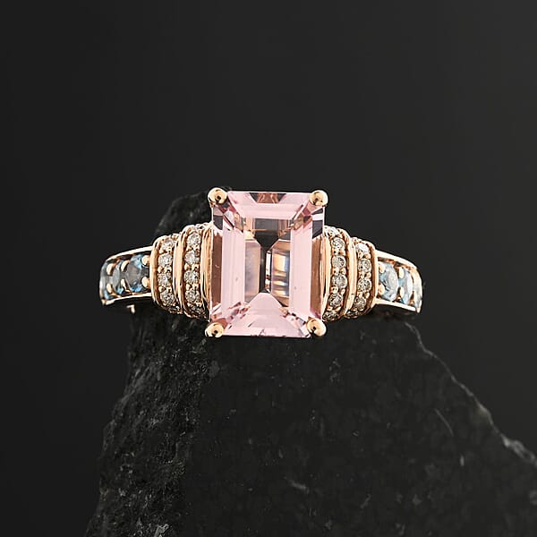 Certified & Appraised Luxoro AAA Pink Morganite Santa Maria Aquamarine And G-H I2 Diamond 2.75 Ctw Ring In 10K Rose Gold 4.15 Grams