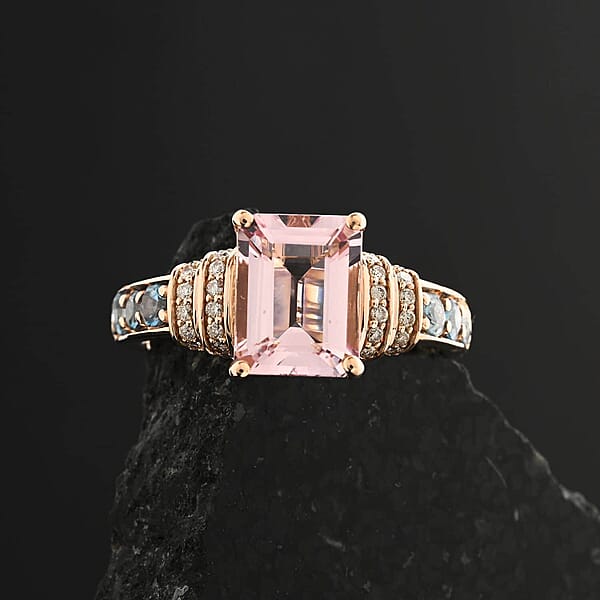 Certified & Appraised Luxoro AAA Pink Morganite Santa Maria Aquamarine And G-H I2 Diamond 2.75 Ctw Ring In 10K Rose Gold 4.15 Grams