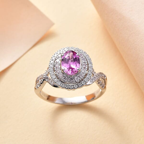 Certified & Appraised Luxoro AAA Pink Sapphire I2 Natural Pink And White Diamond 1.77 Ctw Ring In 14K White Gold 4.70 Grams