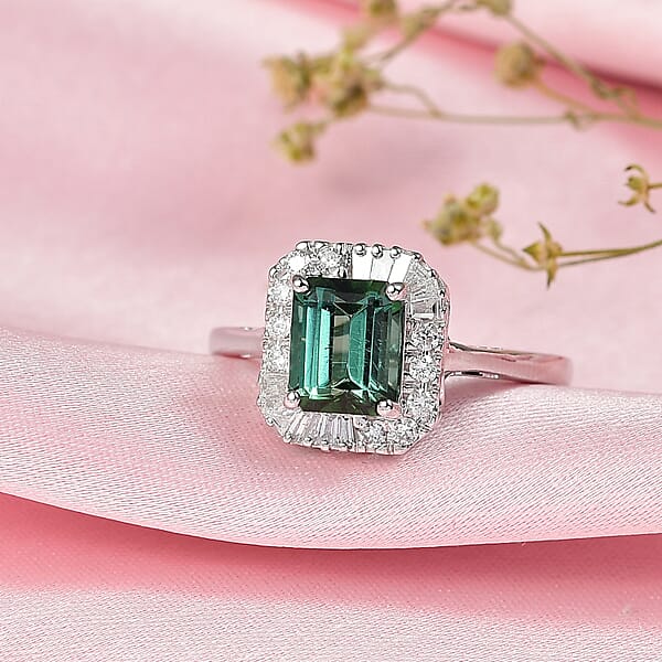 Certified & Appraised Luxoro AAA Pirineu Lagoon Tourmaline And G-H I2 Diamond 2.13 Ctw Art Deco Ring In 10K White Gold 2