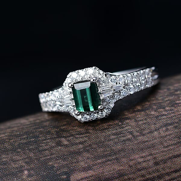Certified & Appraised Luxoro AAA Pirineu Lagoon Tourmaline And G-H I2 Diamond 1.30 Ctw Art Deco Ring In 10K White Gold