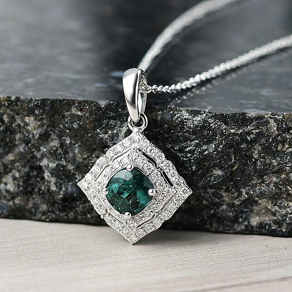Certified & Appraised Luxoro AAA Pirineu Lagoon Tourmaline And I2 Diamond 1.21 Ctw Pendant Necklace 20 Inches In 10K White Gold 4.94 Grams