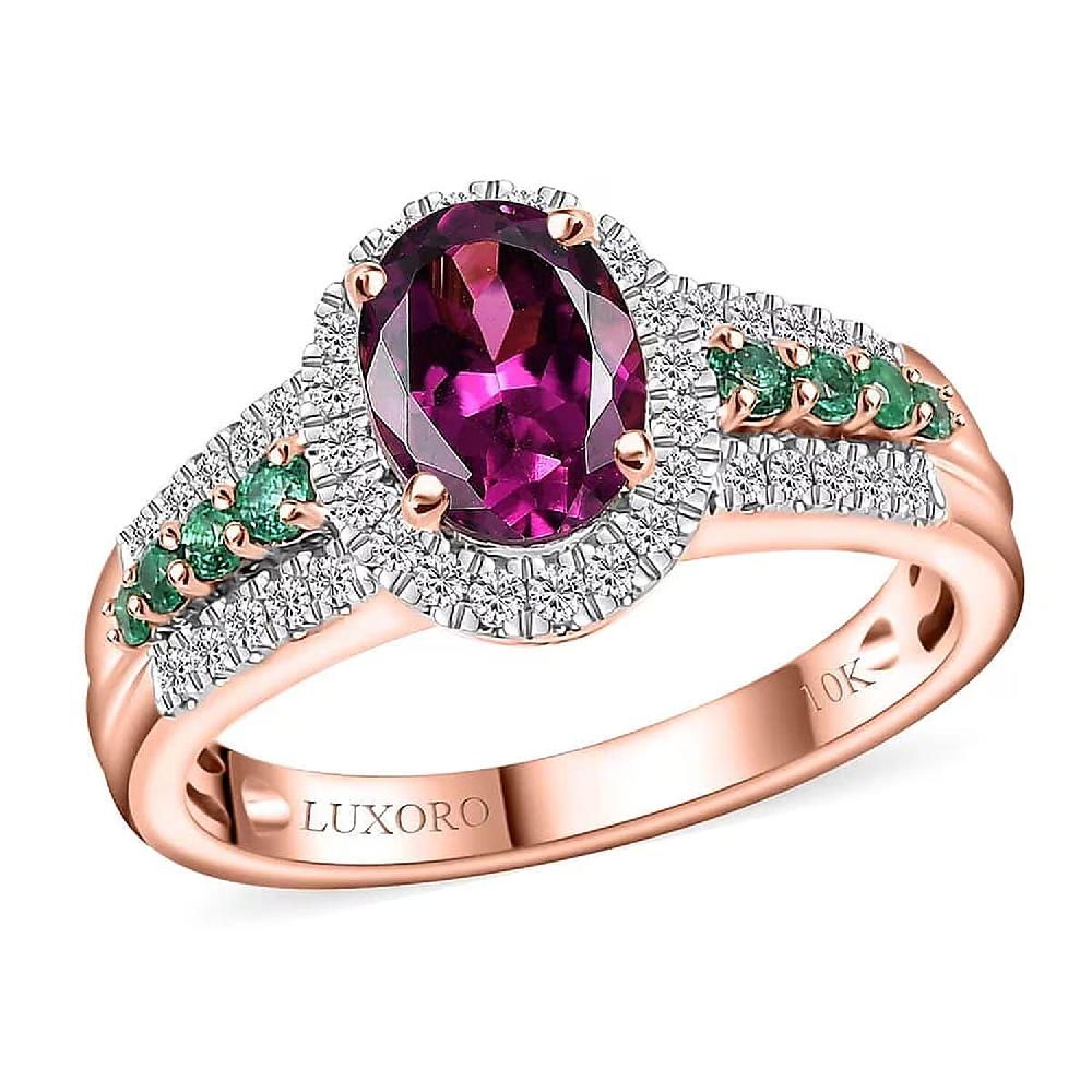 Certified & Appraised Luxoro AAA Radiant Ember Garnet Boyaca Colombian Emerald and G-H I2 Diamond 1.93 ctw Ring in 10K Rose Gold